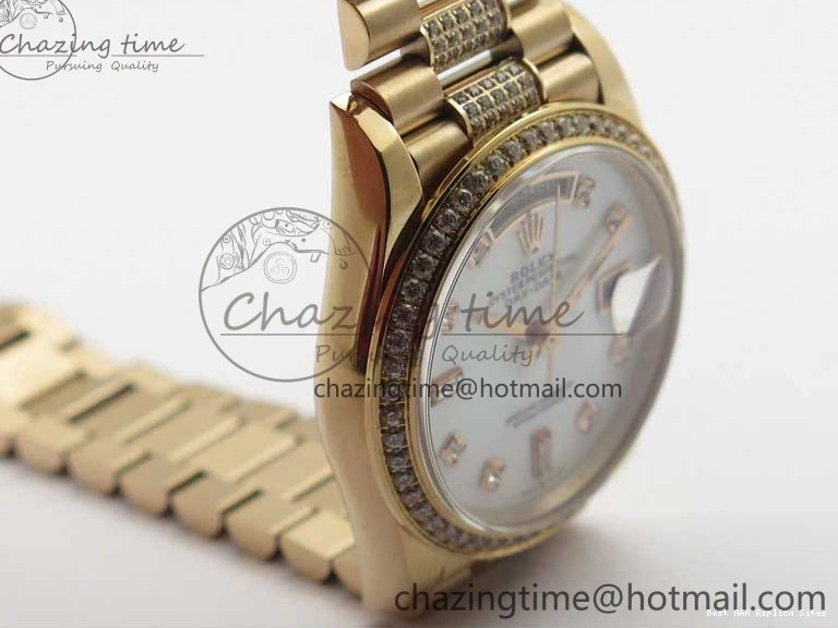 AAA Replica Watches on President A 2689 BP White ComfortFit Crystal Crystal Marker MOP RG Best Edition 128235 Dial Day-Date Bracelet RG 36mm 1218